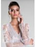V Neck Ivory Lace Tulle Sequins Keyhole Back Wedding Dress